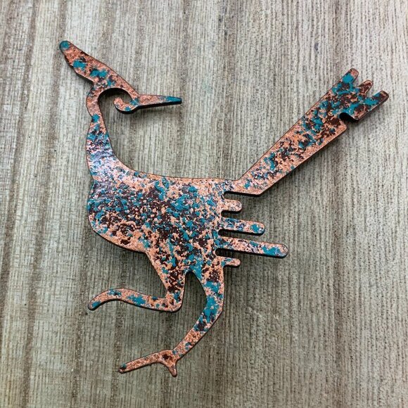 Road Runner Copper Turquoise Folk Art Brooch Pin - Picture 1 of 7